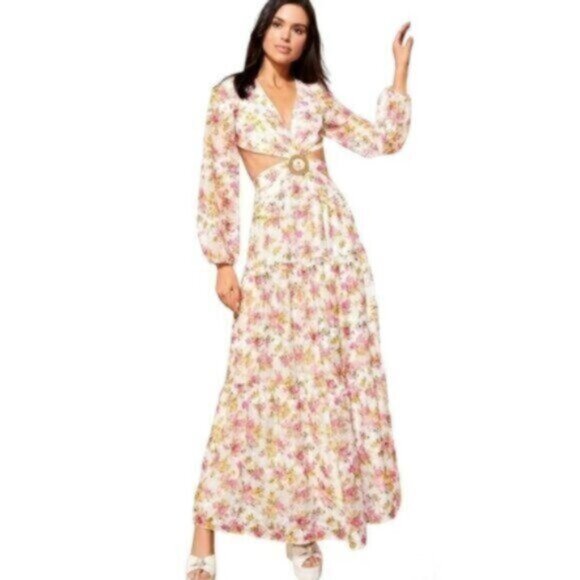 Lillian Floral Print Long Sleeve Deep V-Neck Cut-Out Tiered A-Line Dress - Picture 1 of 8